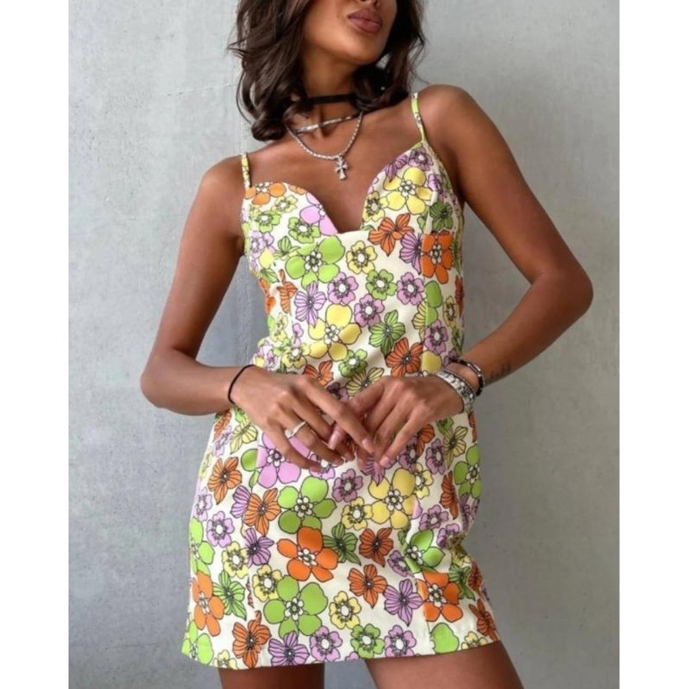 Zara Floral 70s Style Mini Dress Multicolored Boho Retro Sweetheart Neckline S